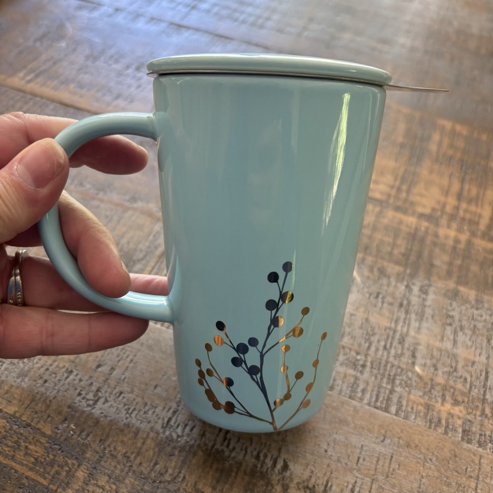 David's Davids Tea Cup Coffee Mug Teal Leaves Branches Cone With Infuser and Lid